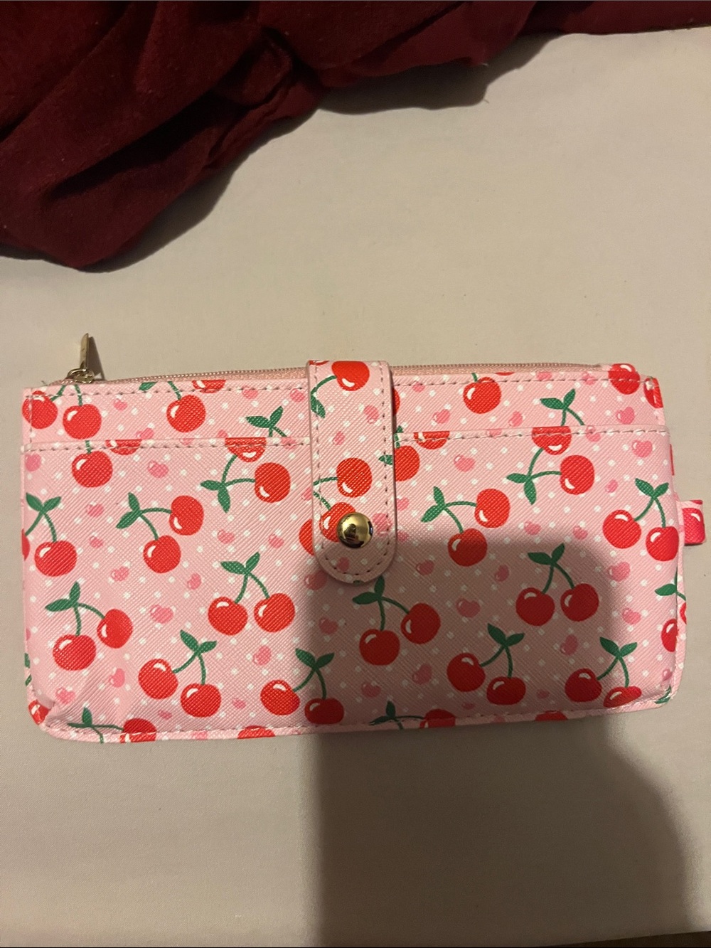 Cherry Print Pink Wallet with Snap Closure
